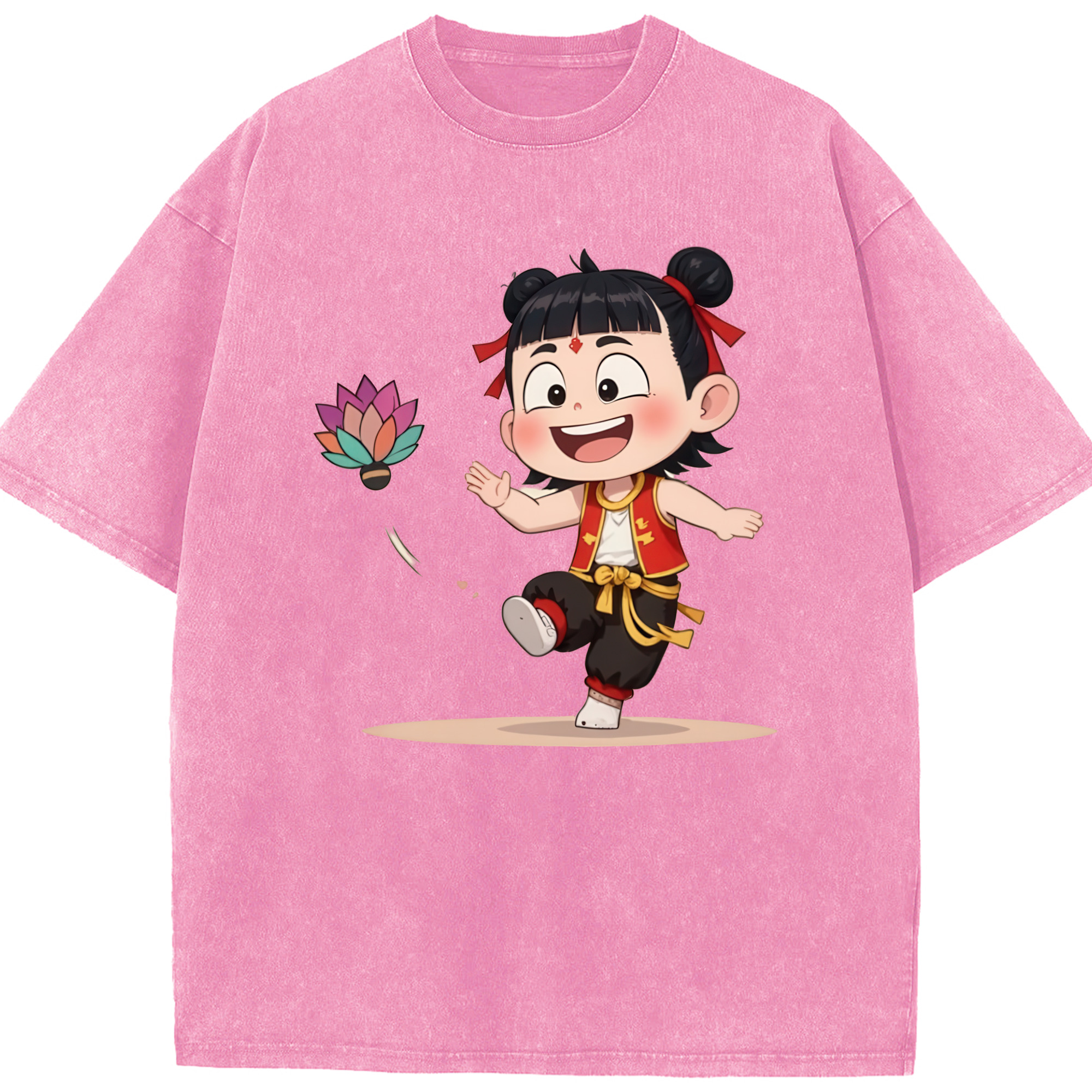 （画像用） Ne Zha 2 ナタ 魔童の大暴れ 綿100% ヴィンテージ風 半袖Tシャツ（フロントプリント）